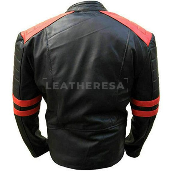 Biker Black Leather Jacket with Red Stripes