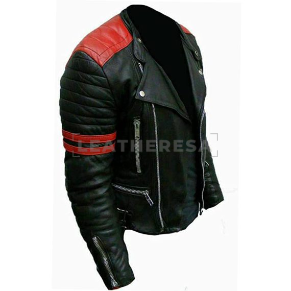 Biker Black Leather Jacket with Red Stripes