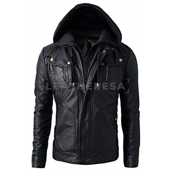 Biker Brando Style Removable Hood Leather Jacket