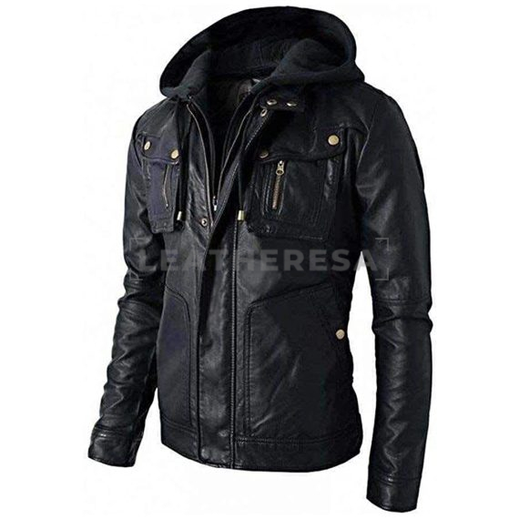 Biker Brando Style Removable Hood Leather Jacket