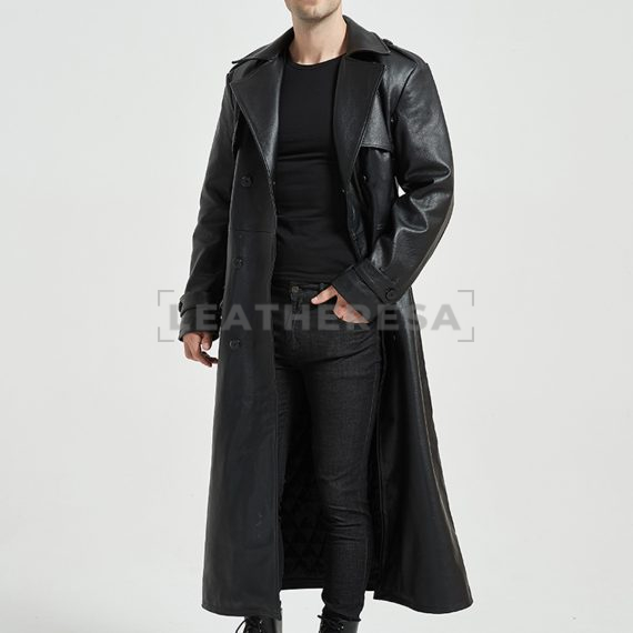 Men Black Quilted Long Leather Windproof Trench Coat