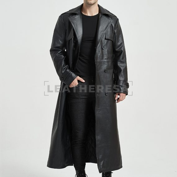 Men Black Quilted Long Leather Windproof Trench Coat