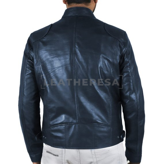 Men Blue Biker Leather Jacket