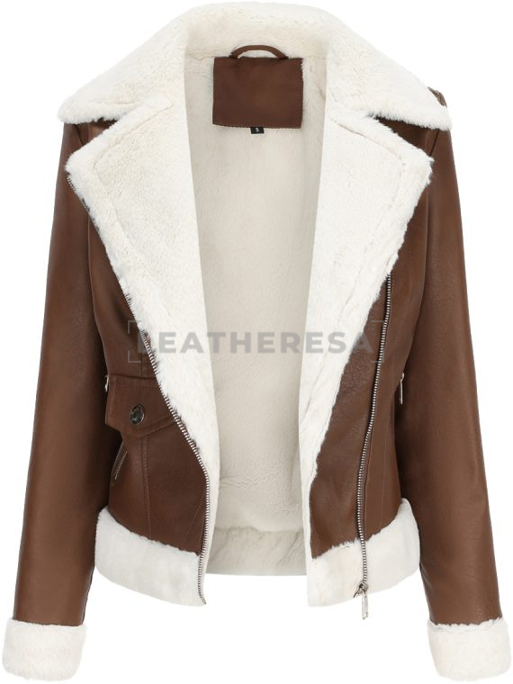 Women Brown Faux Fur Lady Classic Leather Jacket